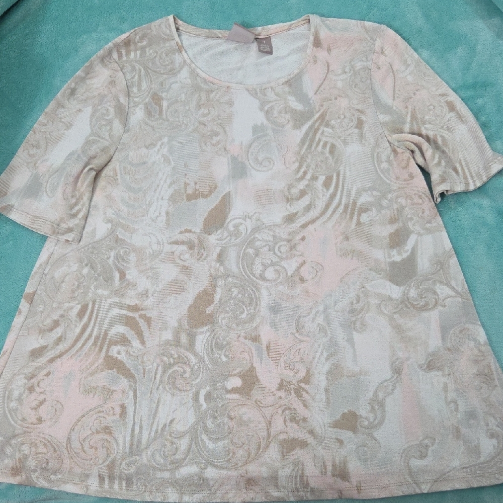 CHICO'S Cream Patterned Short Sleeve Top